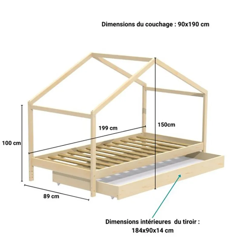 Lit cabane + Tiroir Koala Brut - 90x190cm-1