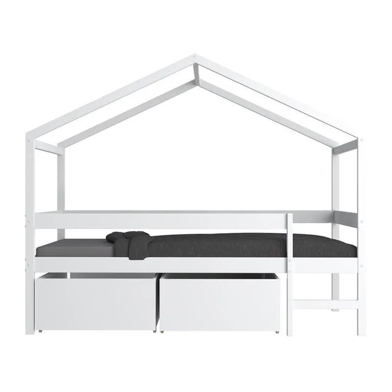 Lit cabane + Sommier + 2 tiroirs Mika Blanc-4