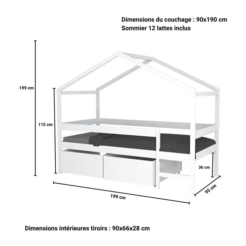 Lit cabane + Sommier + 2 tiroirs Mika Blanc-7