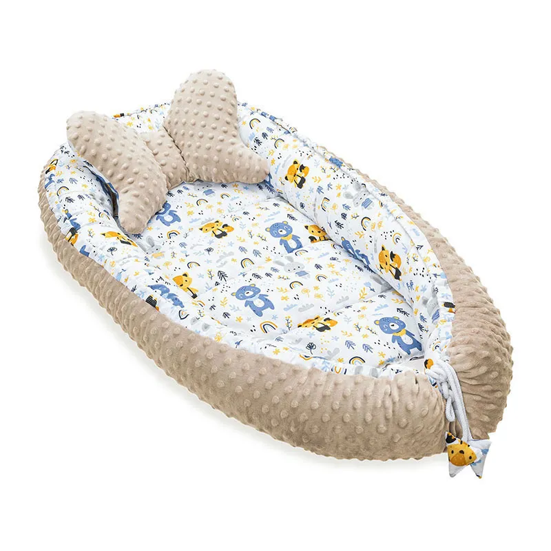 Cocon cale-bébé + Coussin Minky Ours & Co Blanc/Gris - 90x50cm-0