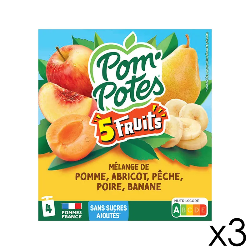 12 Compotes Gourdes 5 Fruits Jaunes Pomme Abricot Pêche Poire Banane - 12x90g-0