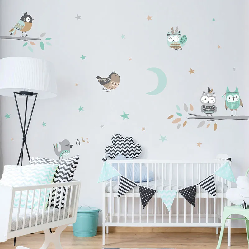 Stickers - Hibou et ses amis au clair de lune Bleu-2