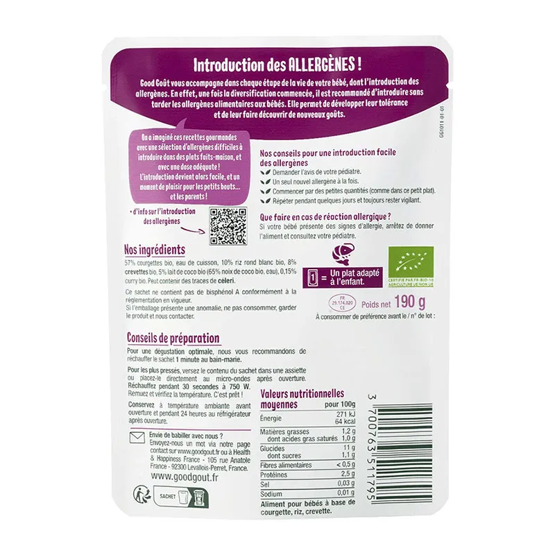 4x190g Compotée de courgette, riz, lait de coco curry et crevette BIO - 8m+-2