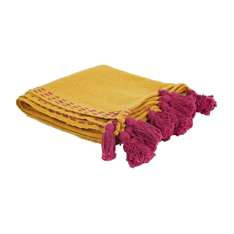 Jeté de canapé Pompons Jaune - 130x150cm-1
