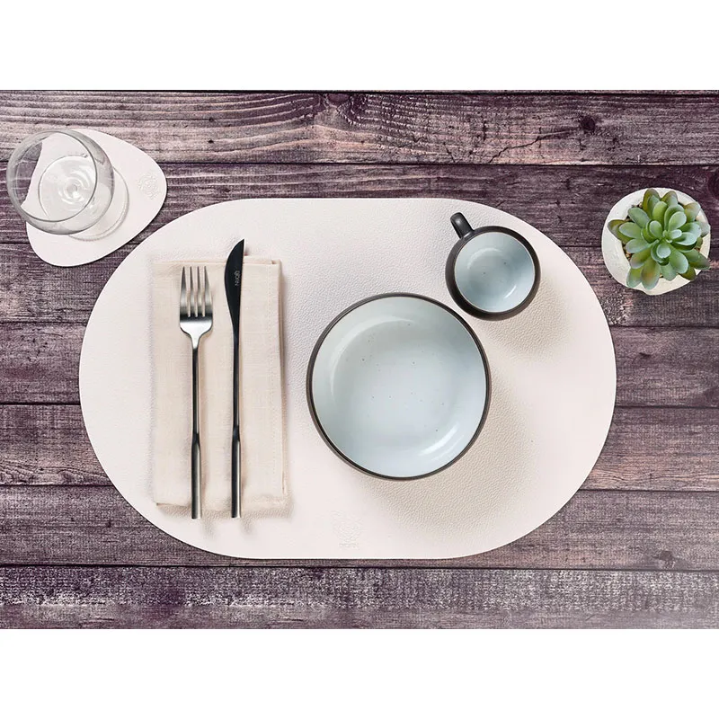 Sets de table ovale Cuir recyclé révers. Crème/Vert de gris - 6pcs-4