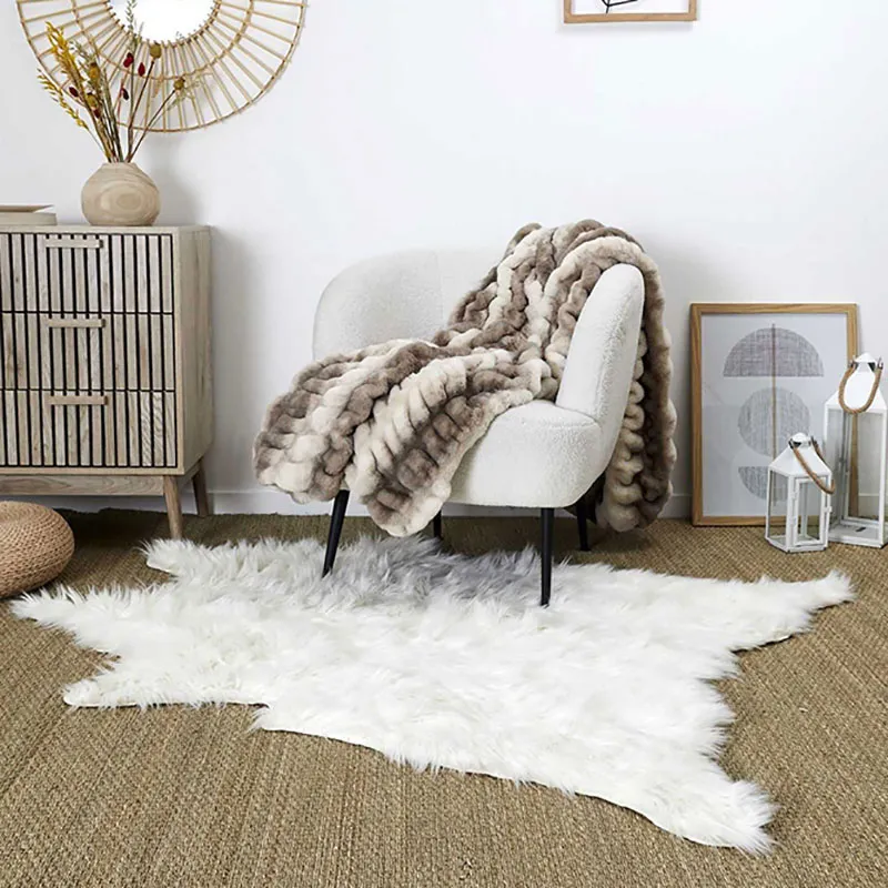 Tapis Peau de Bête imit. Fourrure Blanc - 120x158cm-3
