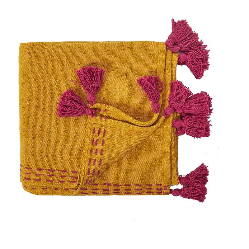 Jeté de canapé Pompons Jaune - 130x150cm-2