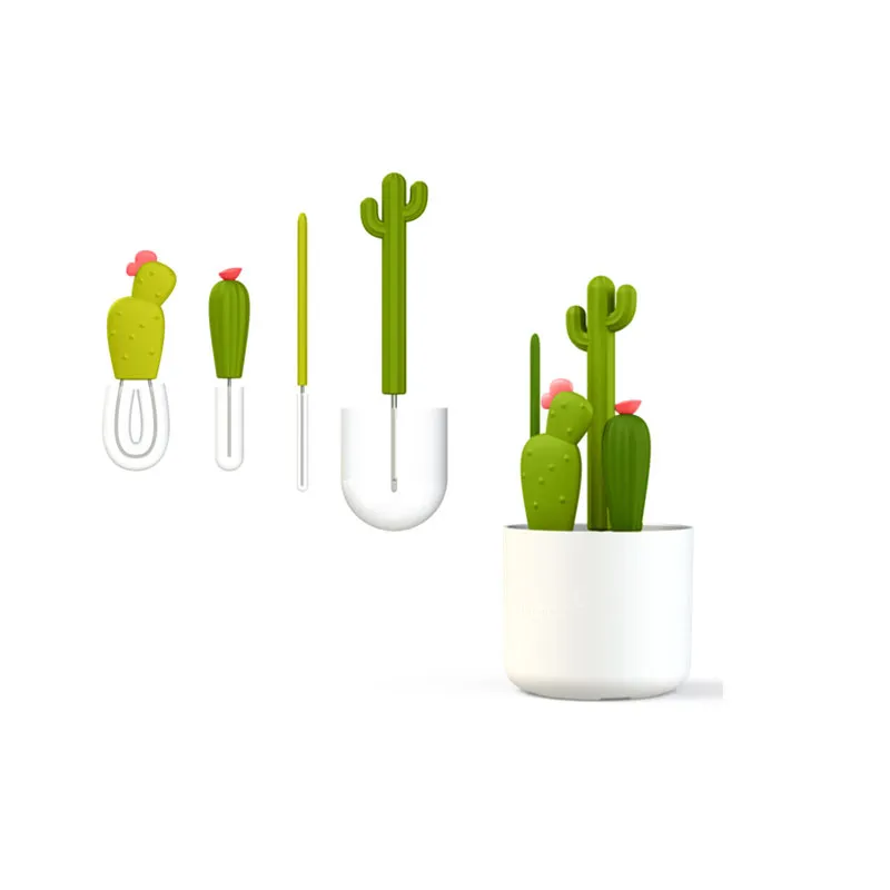 Set 4 brosses à biberon Cactus + Présentoir - Blanc/Vert-2