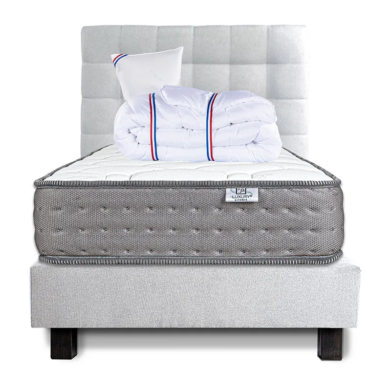 Matelas Zen 20cm mém. de forme ferme + Sommier Gris 20cm + 1 Oreiller + Couette + Tête de lit Enfant-1