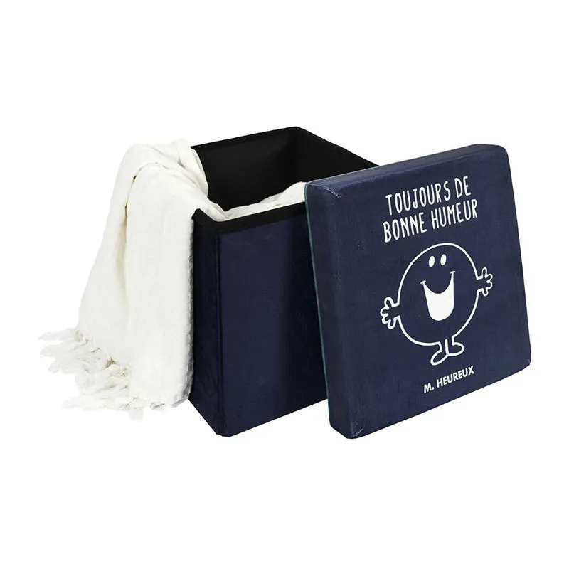 Coffre pouf pliable Monsieur Heureux Bleu - 30x30cm-4