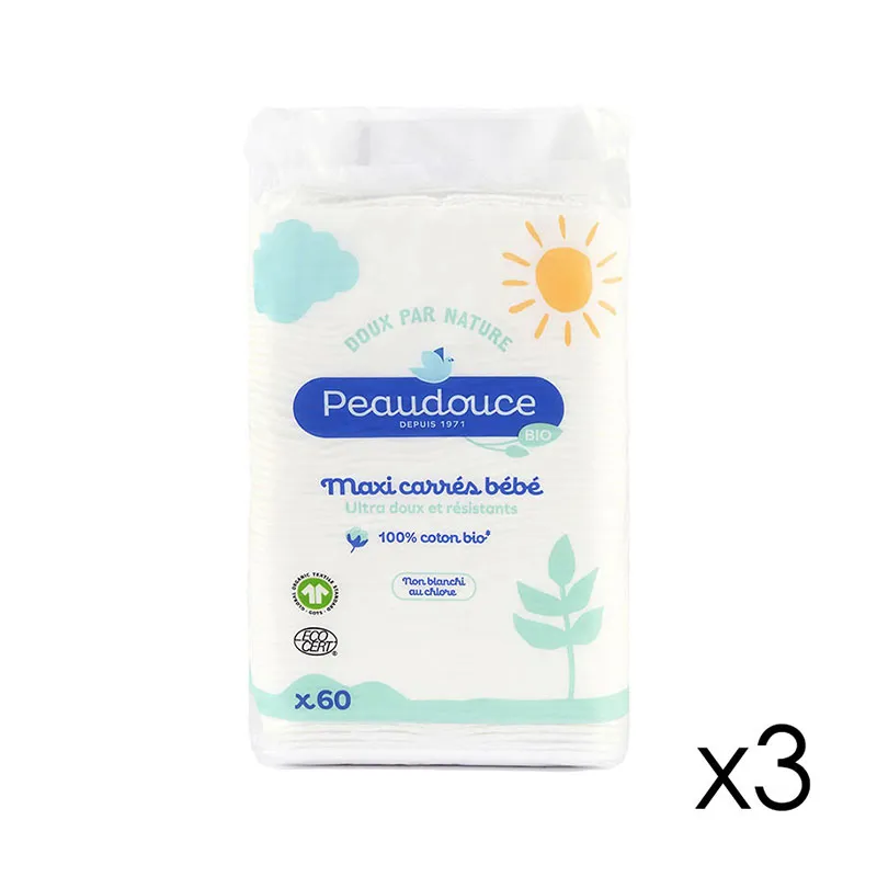 3 Paquets de Maxi carrés de Coton BIO Bébé - 3x60pcs-0
