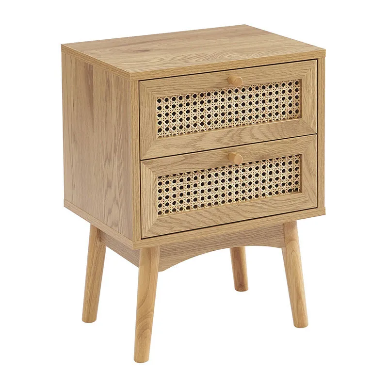 Table de chevet Ines effet chêne & cannage rotin - 40x30x53,5cm-1