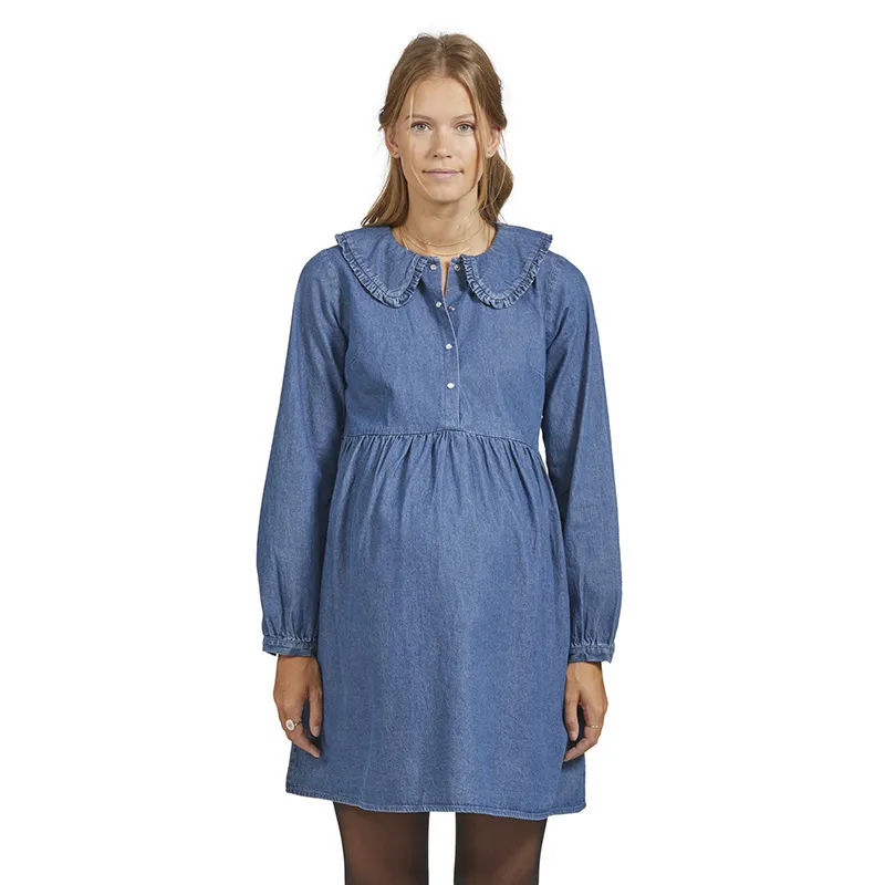 Robe de grossesse/allait Denim col claudine - Bleu-1