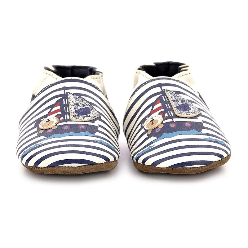 Chaussons cuir Soft Soles Bateau - Blanc/Marine-2