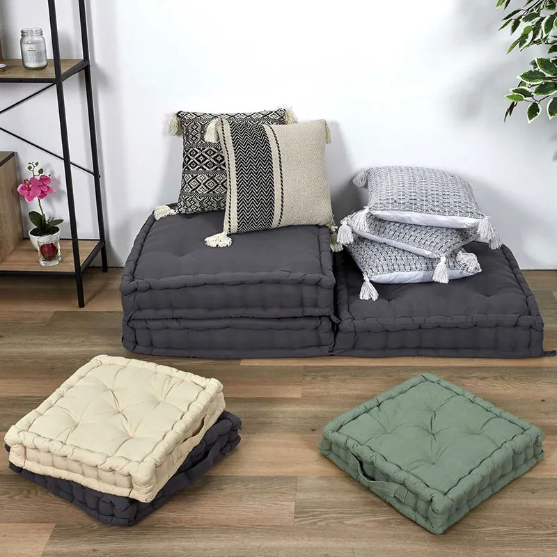 Coussin berbère Rayures Pompons Beige - 40x40x10cm-5