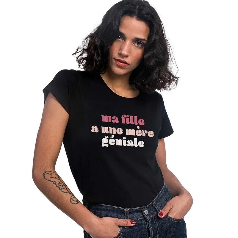 T-shirt Femme Ma fille a une mère géniale BIO - Noir-0