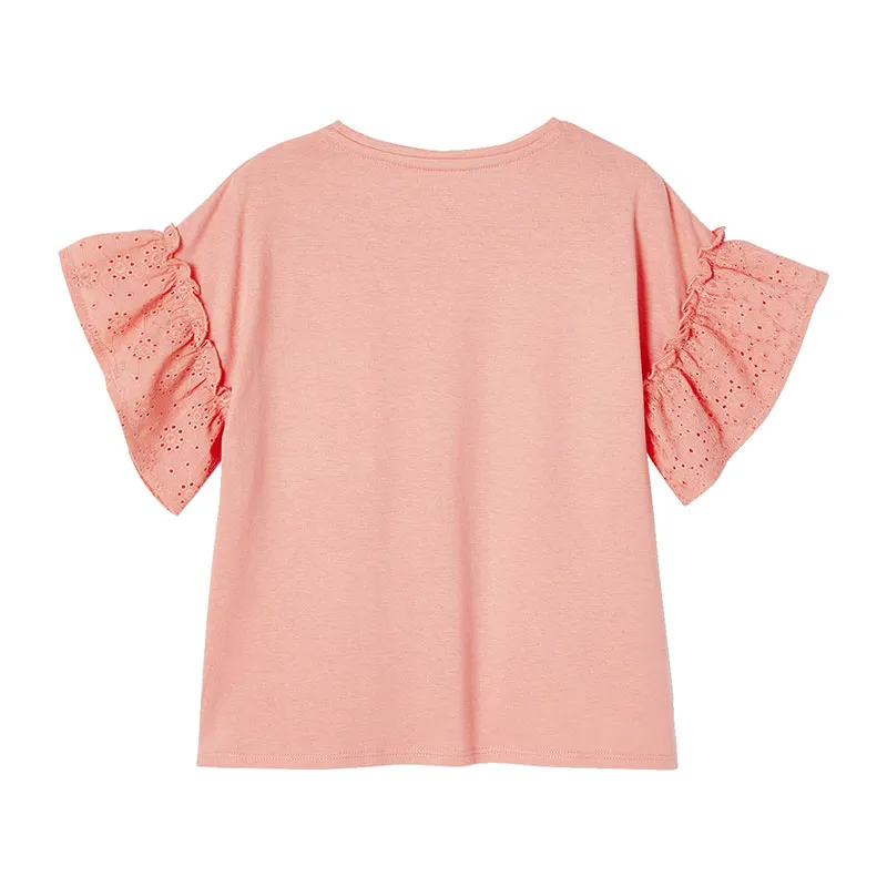 T-shirt manches à volants en broderie anglaise fille - Pêche-1