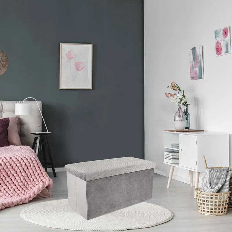 Coffre-banc pliable velours motif Gris - 76x38cm-1
