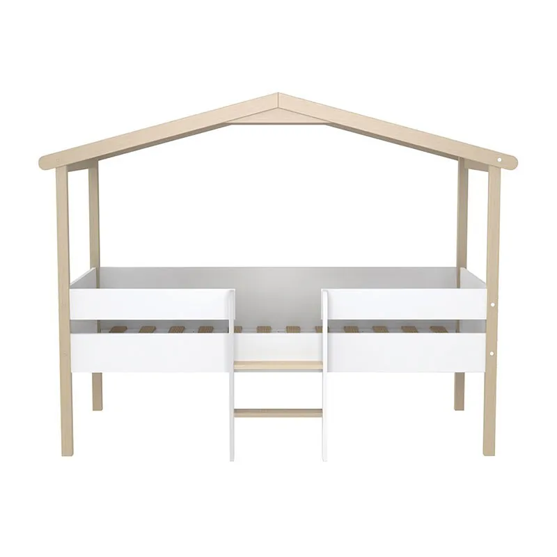 Lit cabane + Sommier Pilotis Blanc/Naturel - 90x190cm-3