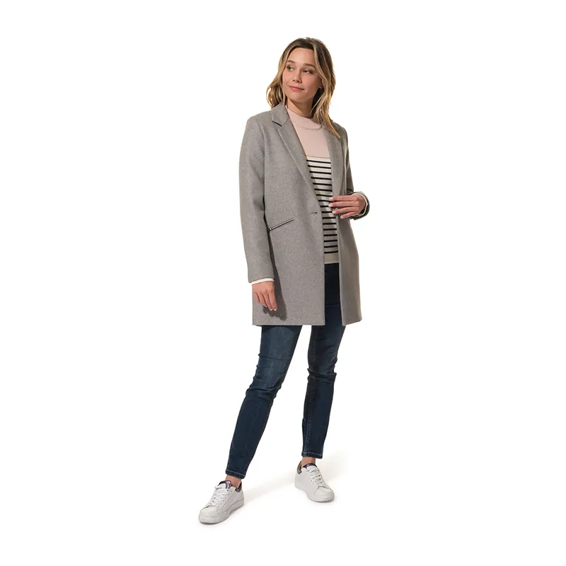 Manteau Mi-long Drap de lain Col tailleur Femme - Gris Chiné-1
