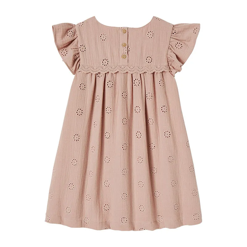 Robe cérémonie brodée fleurs en gaze de coton fille - Rose-1