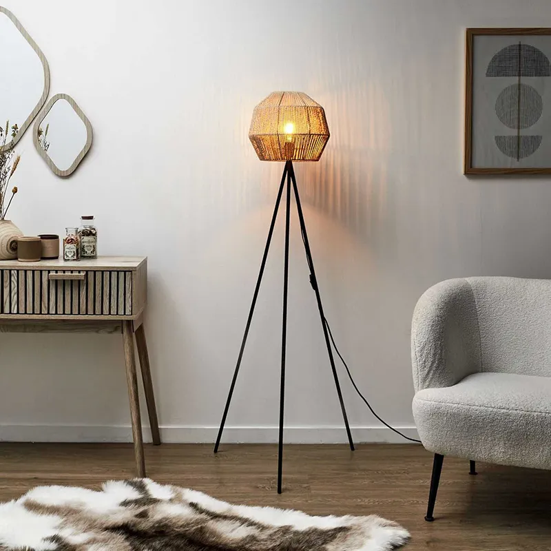 Lampadaire Abat jour Effet corde tressé Beige/Noir - 31x145cm-0