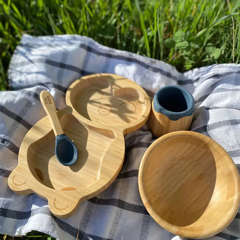 Kit vaiselle repas bébé , bambou et silicone ventouse - 4 pièces-1