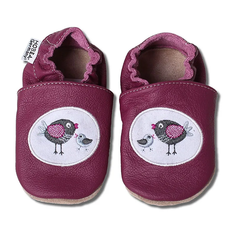 Chaussons cuir brodés Famille oiseau - Prune-0
