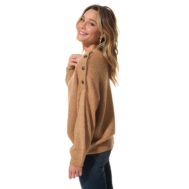 Pull Figue Oversize Col V fil Lurex Femme - Camel-3