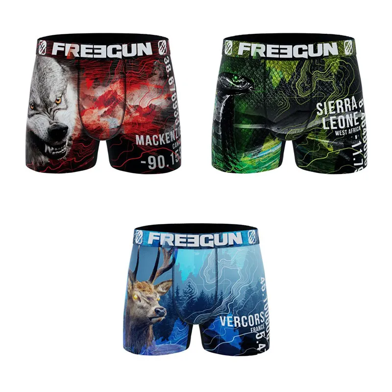 3 Boxers polyester recyclé Garçon Animal Sauvage - Bleu/Rouge/Vert-0