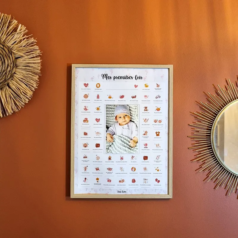 Affiche Mes Premières Fois + Tampon + Cadre Beige - Flamant Rose-2