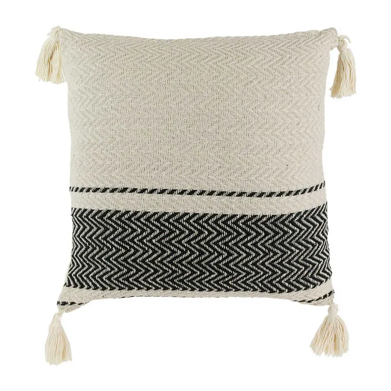 Coussin berbère Rayures Pompons Beige - 40x40x10cm-1