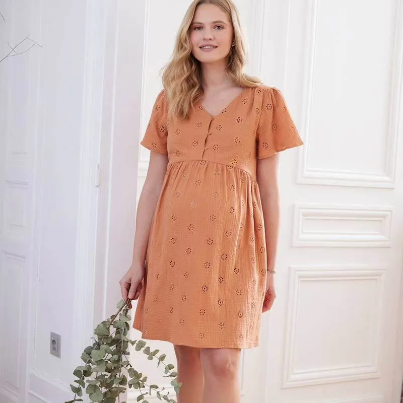 Robe de grossesse gaze brodée - Orange-0