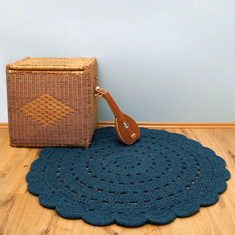 Tapis Coton crochet Alma Bleu - ø120cm-1