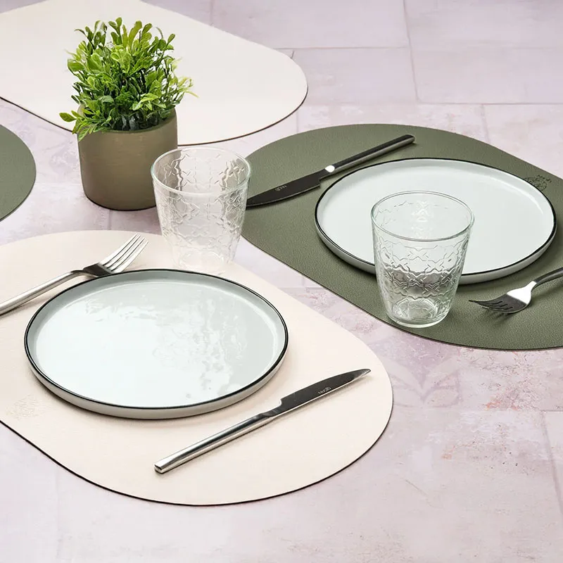 Sets de table ovale Cuir recyclé révers. Crème/Vert de gris - 6pcs-1