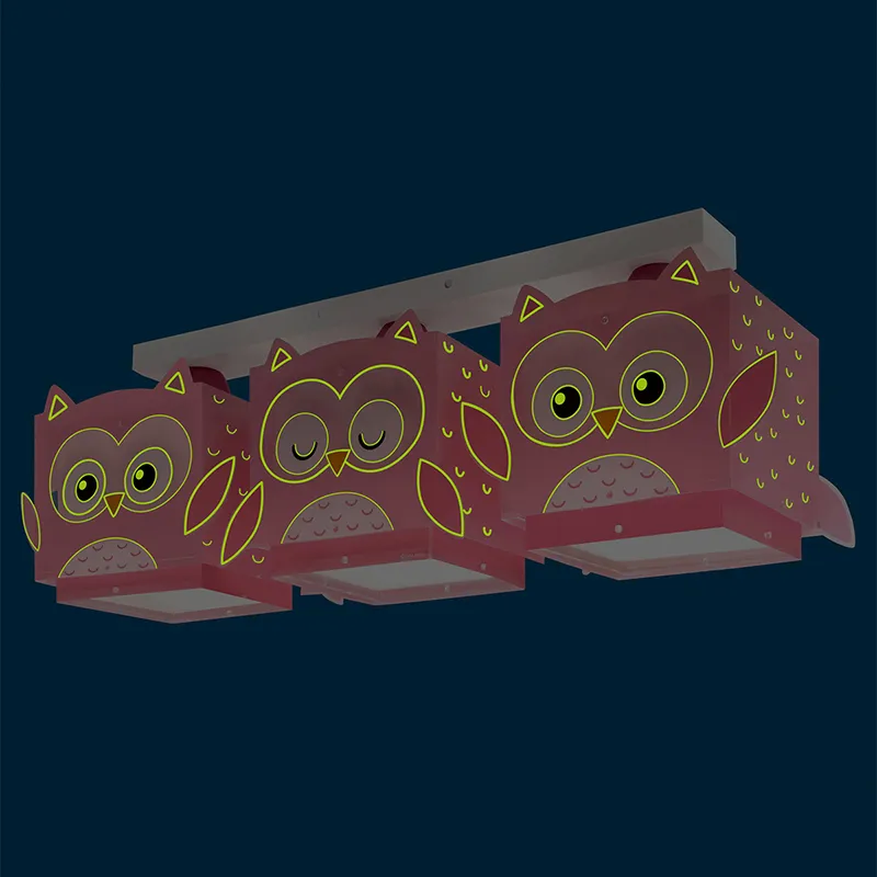 Plafonnier 3 Lumières Hibou Rose - 51x15x20,5cm-3