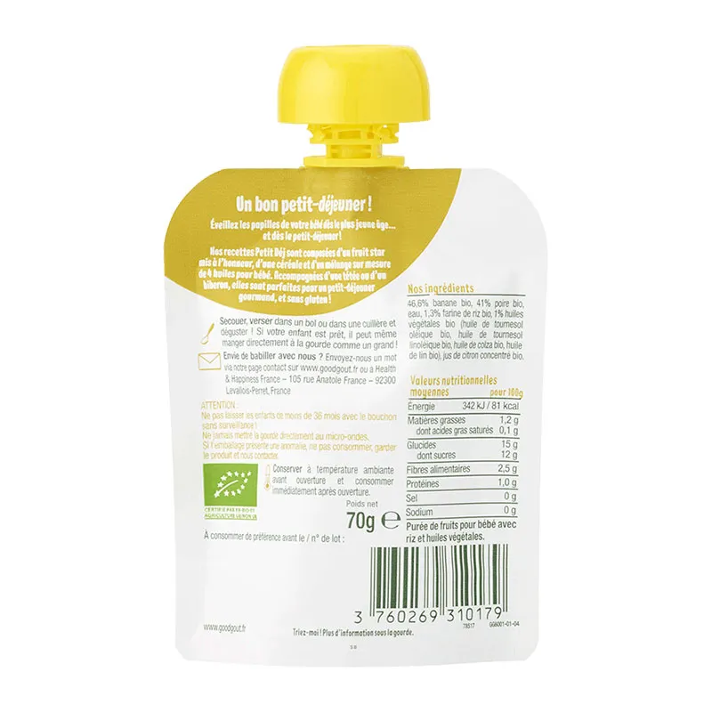 5x70g Gourdes petit déj Poire BIO - 6m+-2
