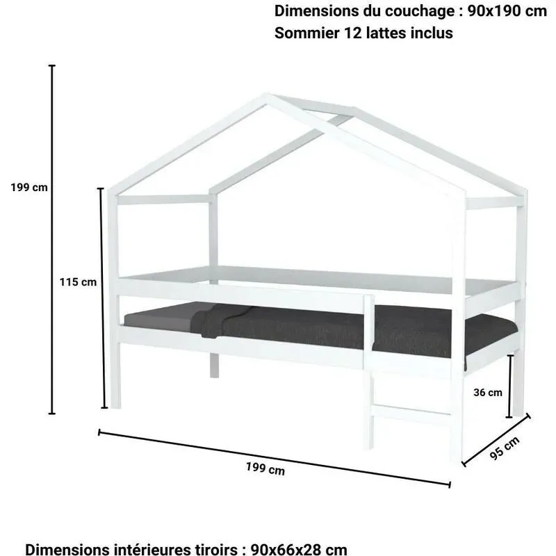 Lit cabane + Sommier Mika Blanc - 90x190cm-3