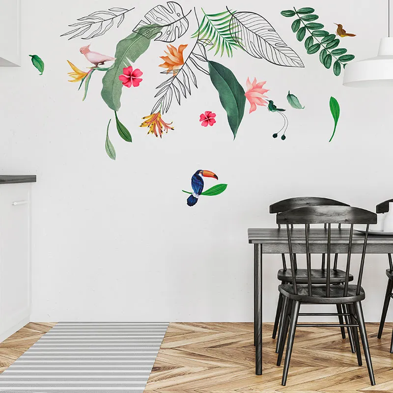 Stickers - Feuilles, fleurs et oiseaux tropicaux-1