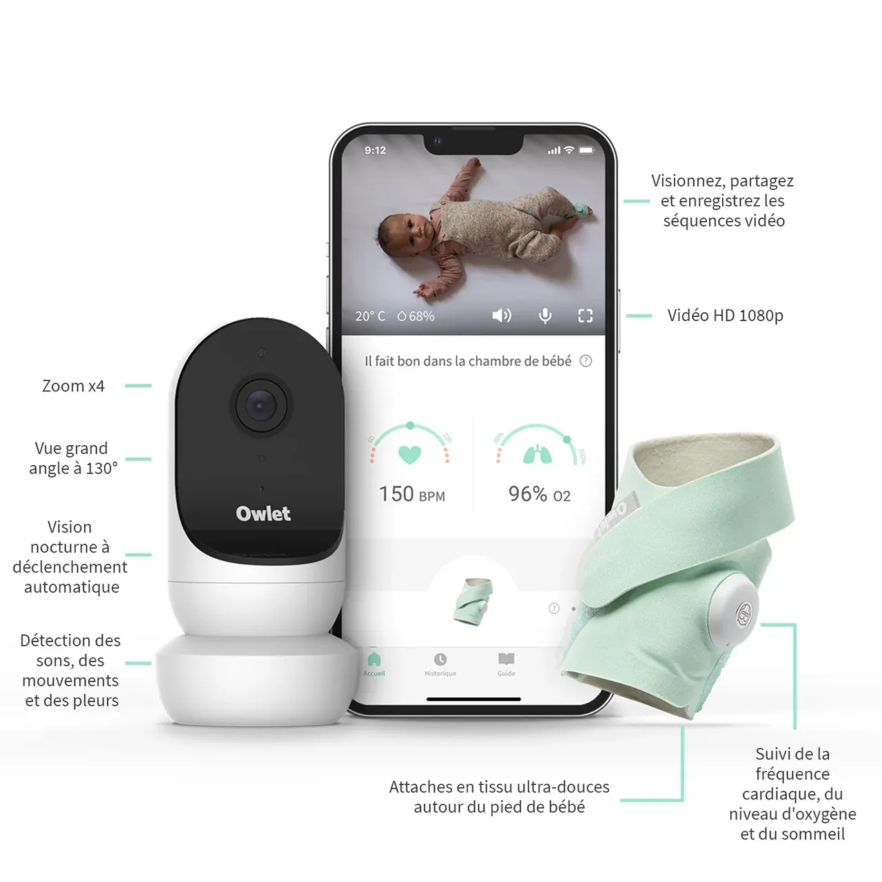 Babyphone Owlet Monitor Duo 2 Smart Sock 3+Caméra HD 2 - Bleu Nuit-2