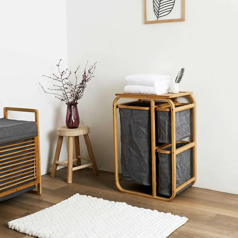 Panier à linge 3 compartiments Bambou/Gris - 33x69,5x49cm-0