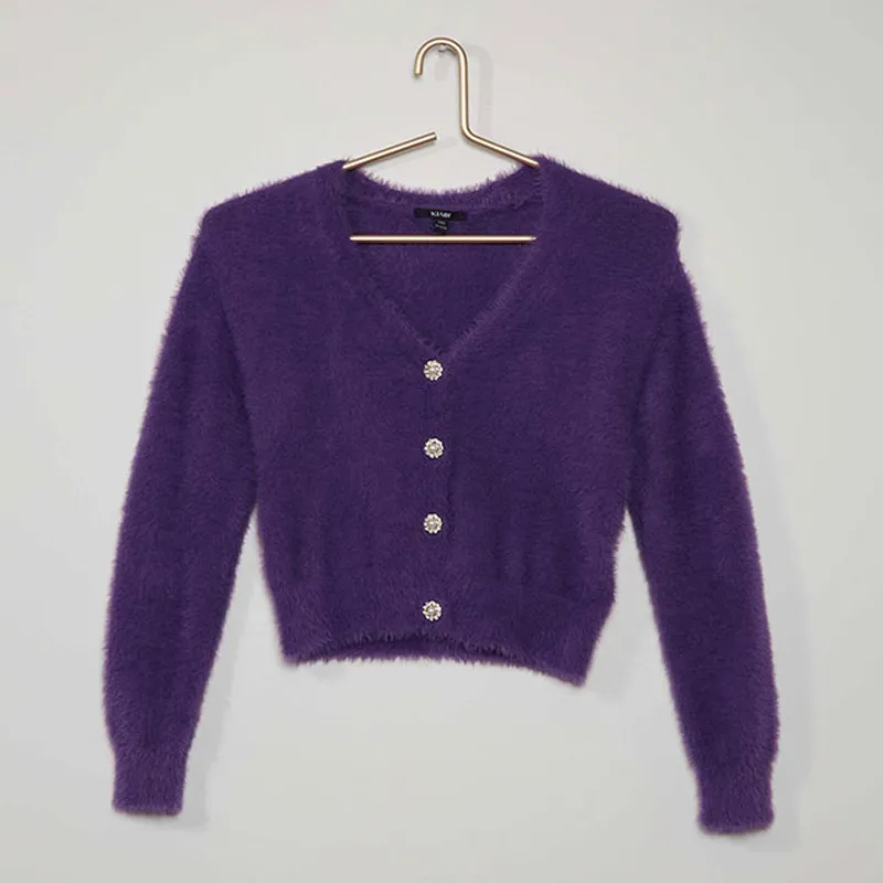 Gilet maille poilue col V Kiabi - Violet-0