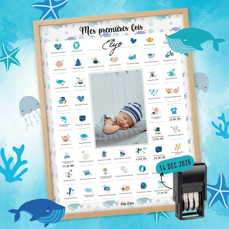 Affiche Mes Premières Fois + Tampon + Cadre photo First Beige - Baleine-0