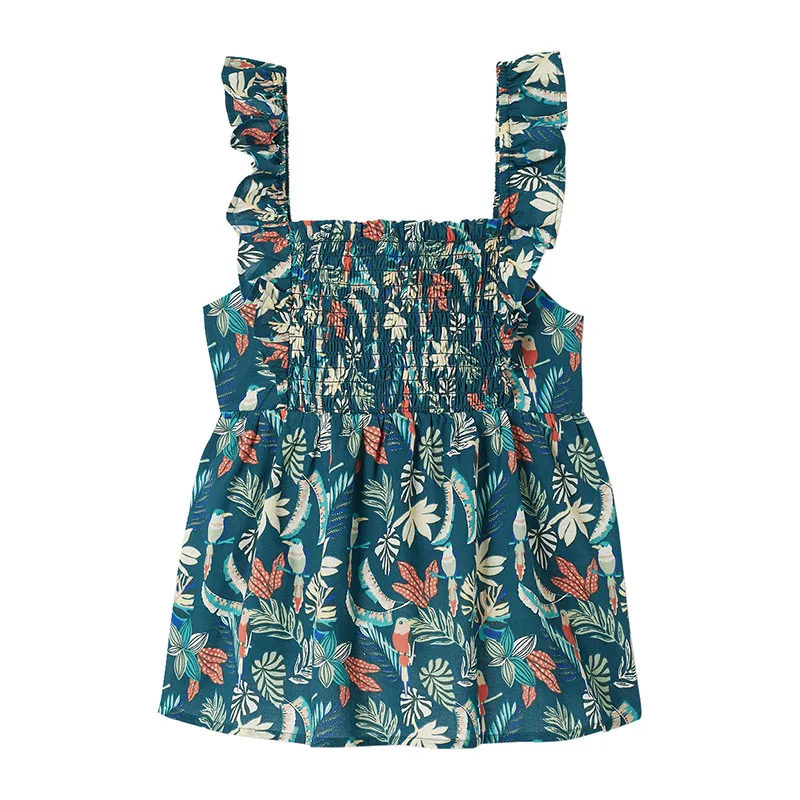 Blouse smockée à bretelles volantées fille - Vert-0