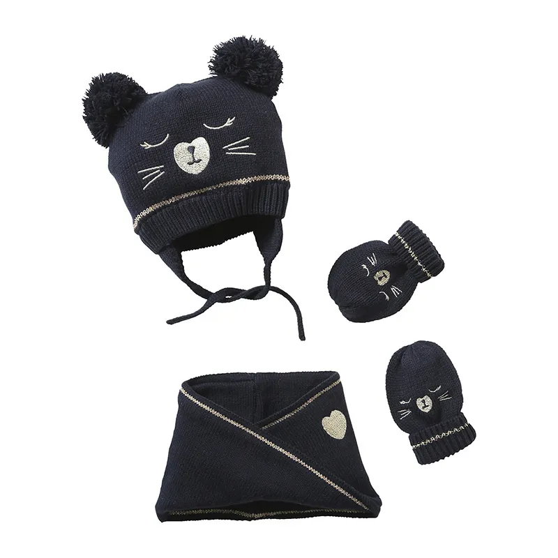 Bonnet + Snood + Moufles Chat - Marine-0
