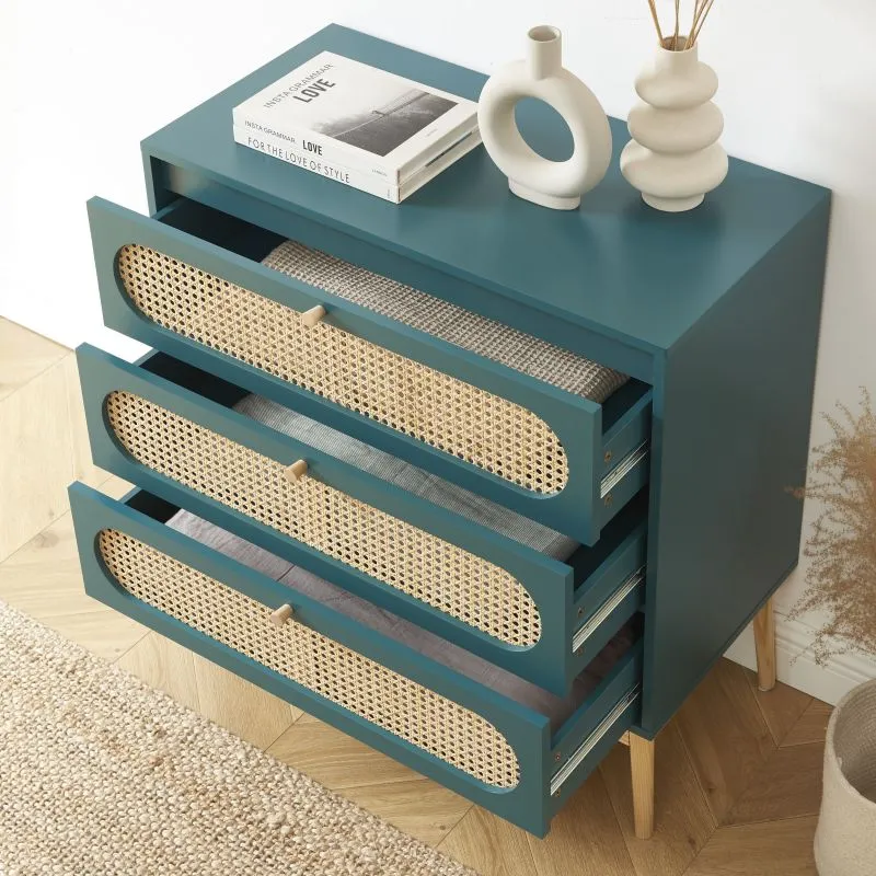 Commode Sixtine Bleu canard Rotin 3 tiroirs - 80x40x85cm-4