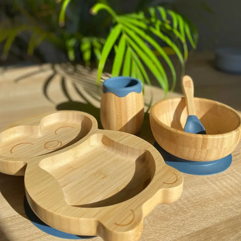 Kit vaiselle repas bébé , bambou et silicone ventouse - 4 pièces-0