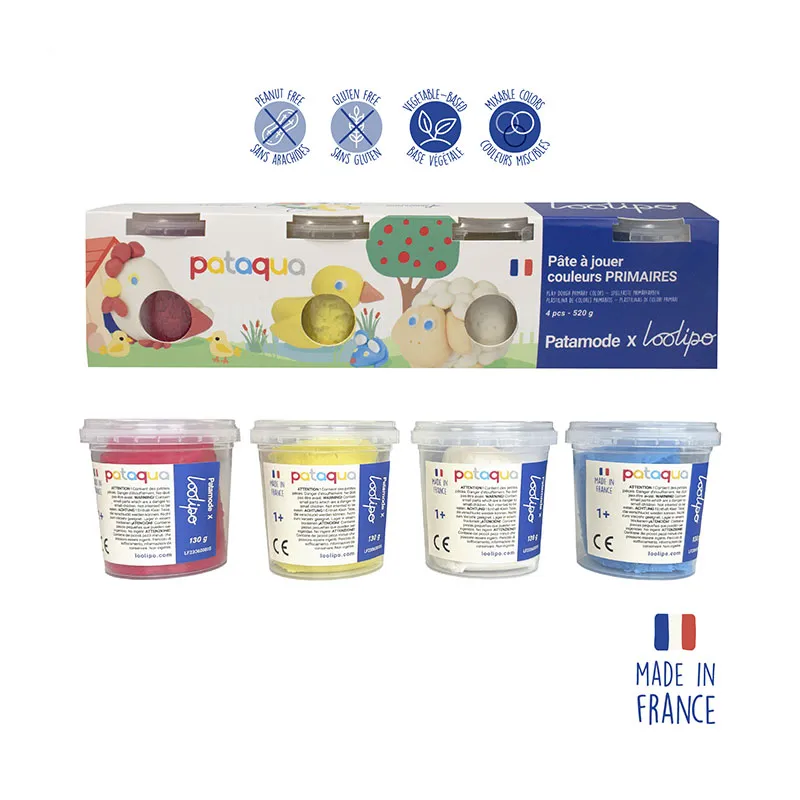 Pâte à jouer 4 pots 130 g Rouge/Jaune/Blanc/Bleu - 12m+-0