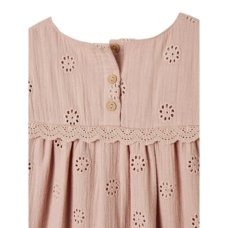Robe cérémonie brodée fleurs en gaze de coton fille - Rose-3