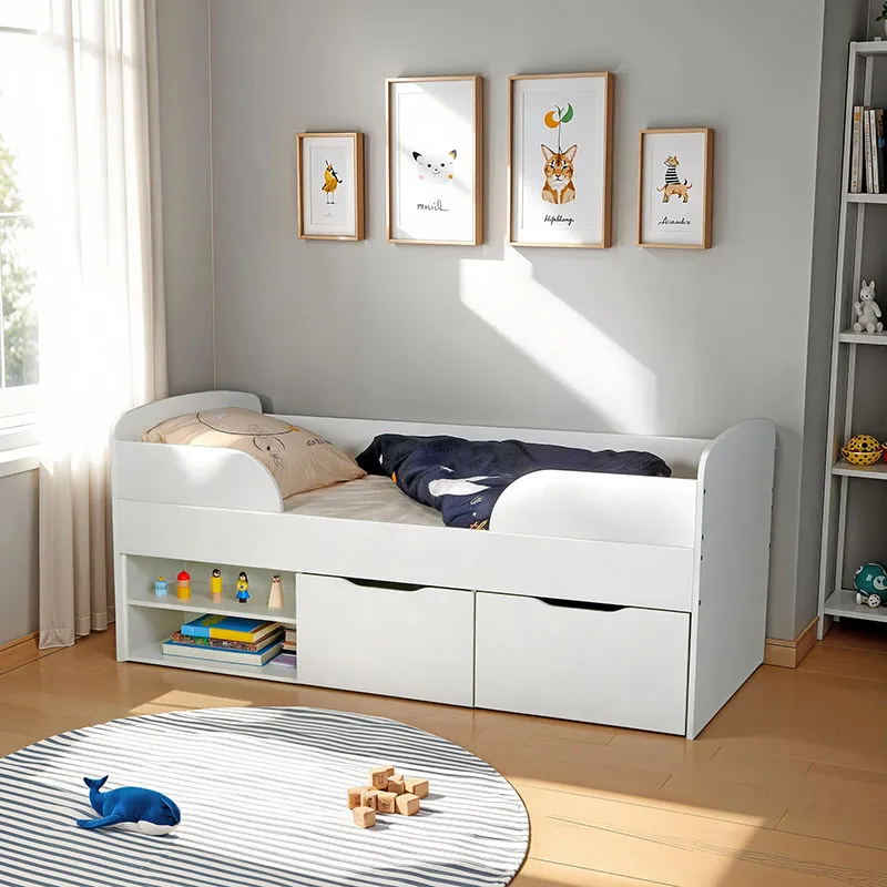 Lit mi-hauteur avec rangement + Sommier + Rangements Elio Blanc-10